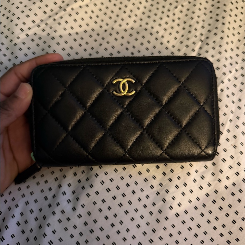 CHANEL Black Quilted Card Holder with Gold Logo